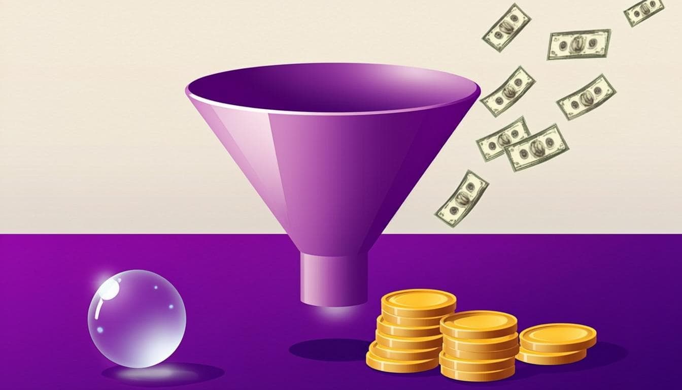 Funnel collecting future cash flows and emitting a glowing present value crystal