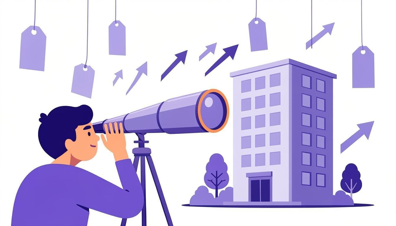 Telescope aimed at a company building with discounting arrows toward the viewer