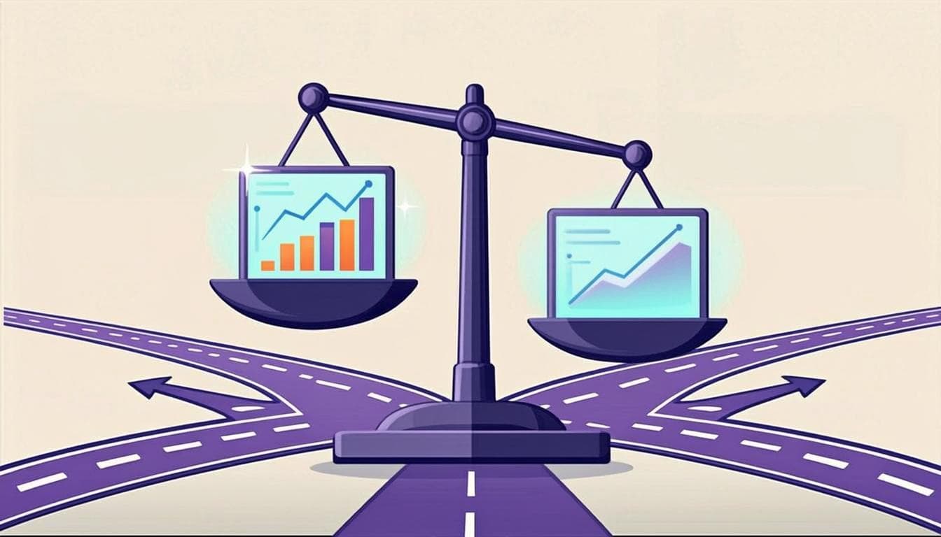 Balanced scale weighing two investment chart panels against each other at a forked road