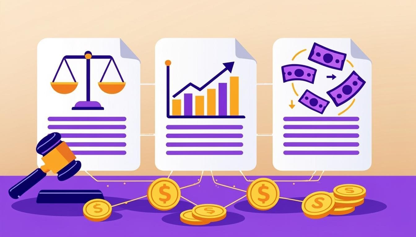 Three connected financial statement documents linked by glowing data lines