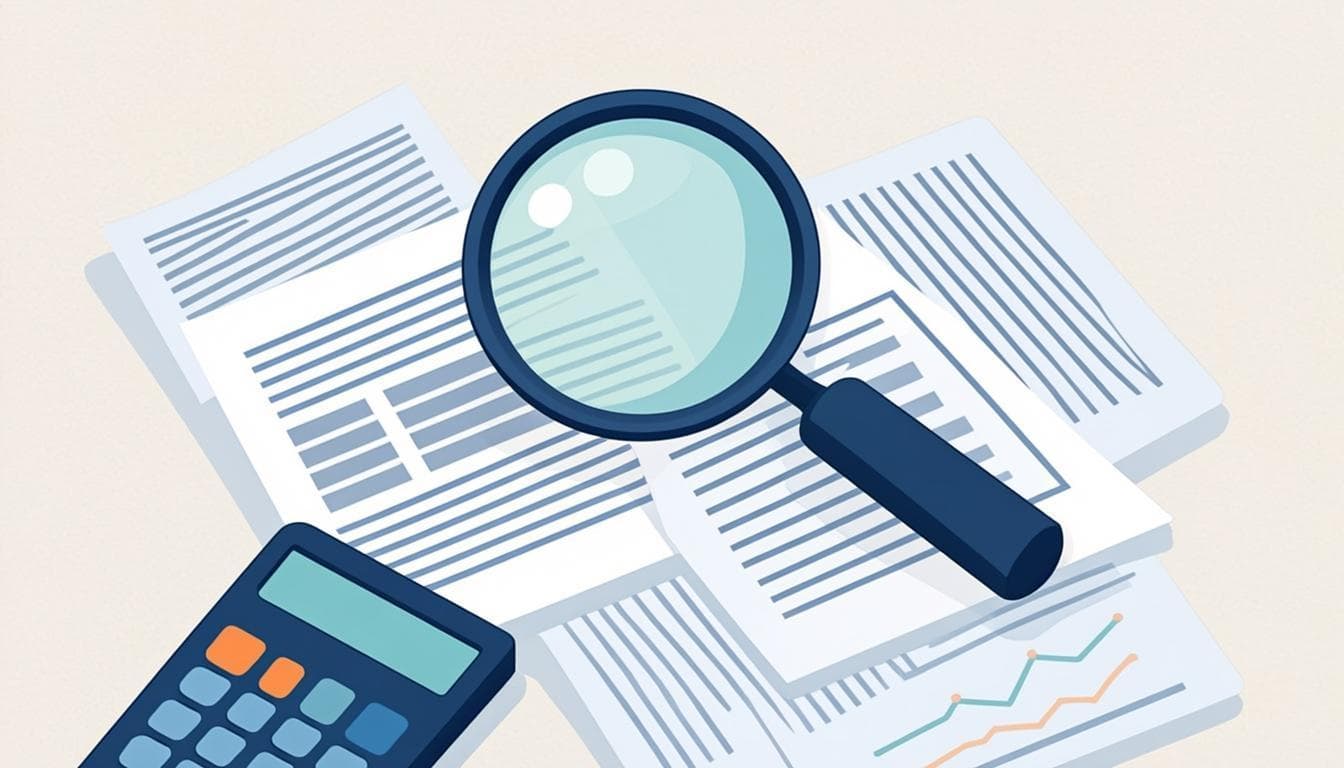 Analyst inspecting layered financial reports with a magnifying glass
