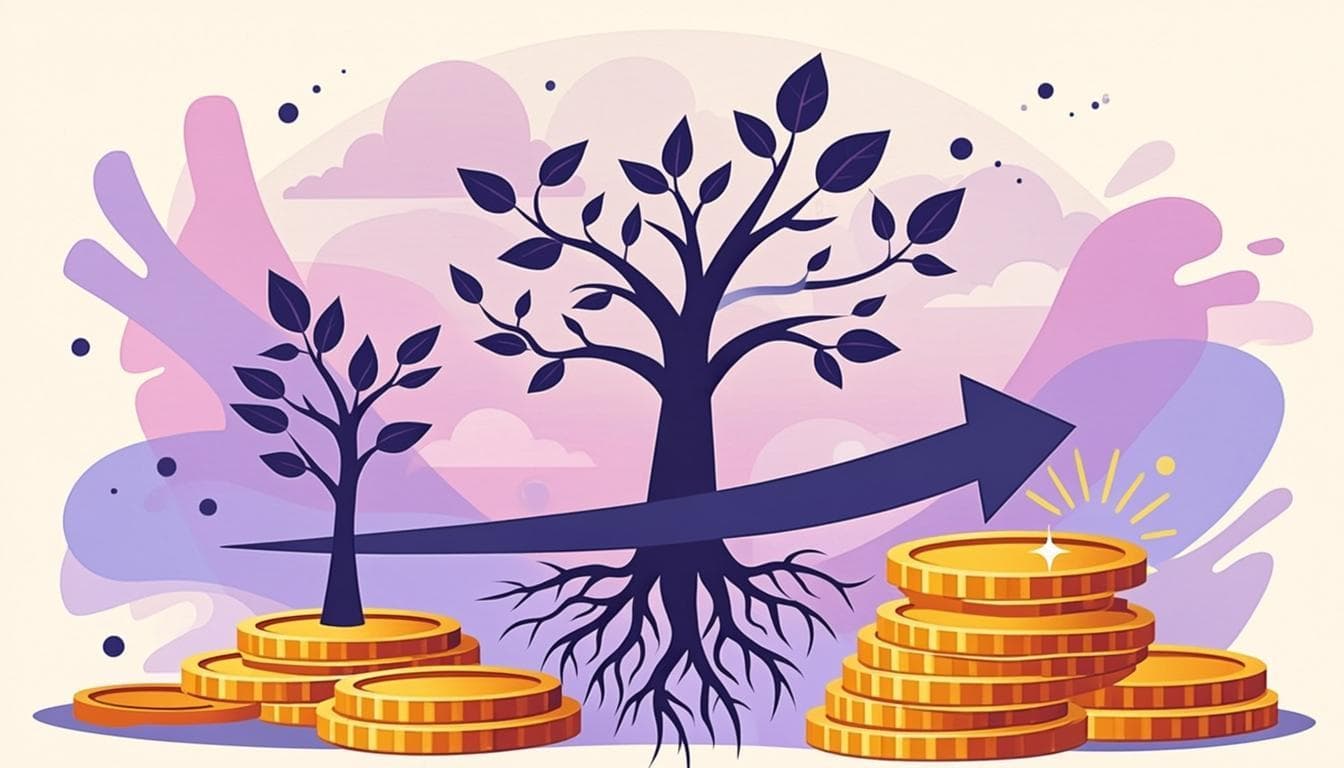 Illustration of money compounding over time — a tree growing from coins along a timeline