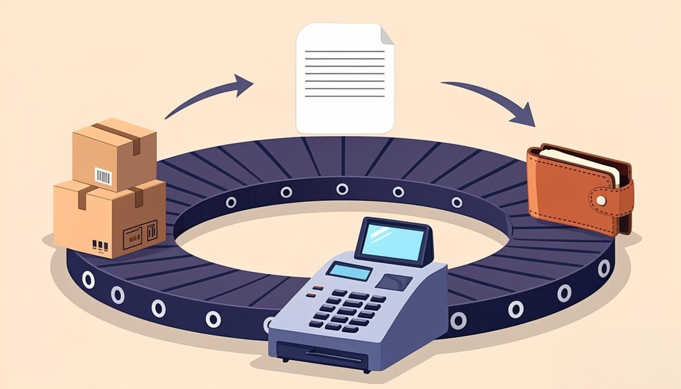 Circular cash conversion cycle wheel connecting warehouse, invoice, purse and register