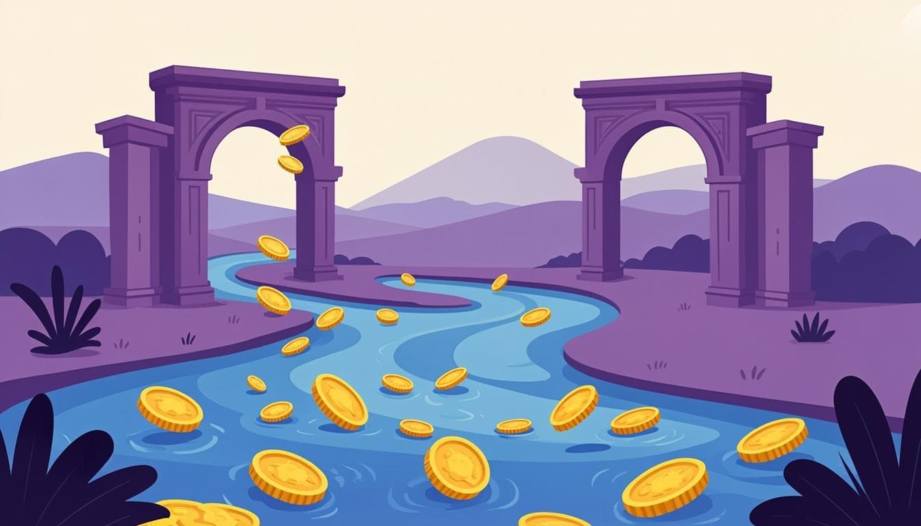 River of coins flowing through gates with some pooling aside